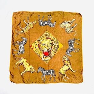 Vintage Silky Brown Safari Print Lion Zebra Cheetah Square Scarf